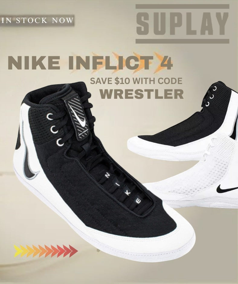 Suplay.com Nike Inflict 4 wrestling shoes in black and white with breathable mesh and high-top ankle support.