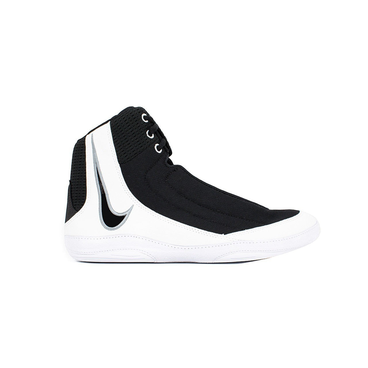 Suplay.com Nike Inflict 4 black and white high-top wrestling shoes with breathable mesh and durable rubber sole.
