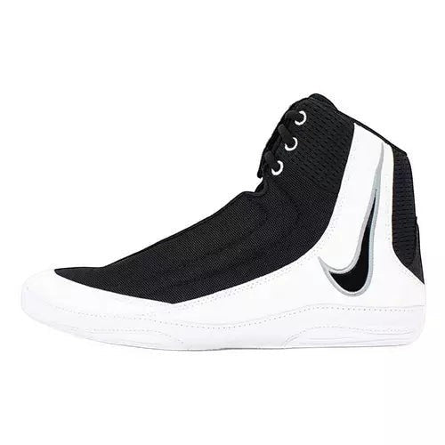 Suplay.com Nike Inflict 4 wrestling shoes in black and white with breathable mesh and high-top ankle support.