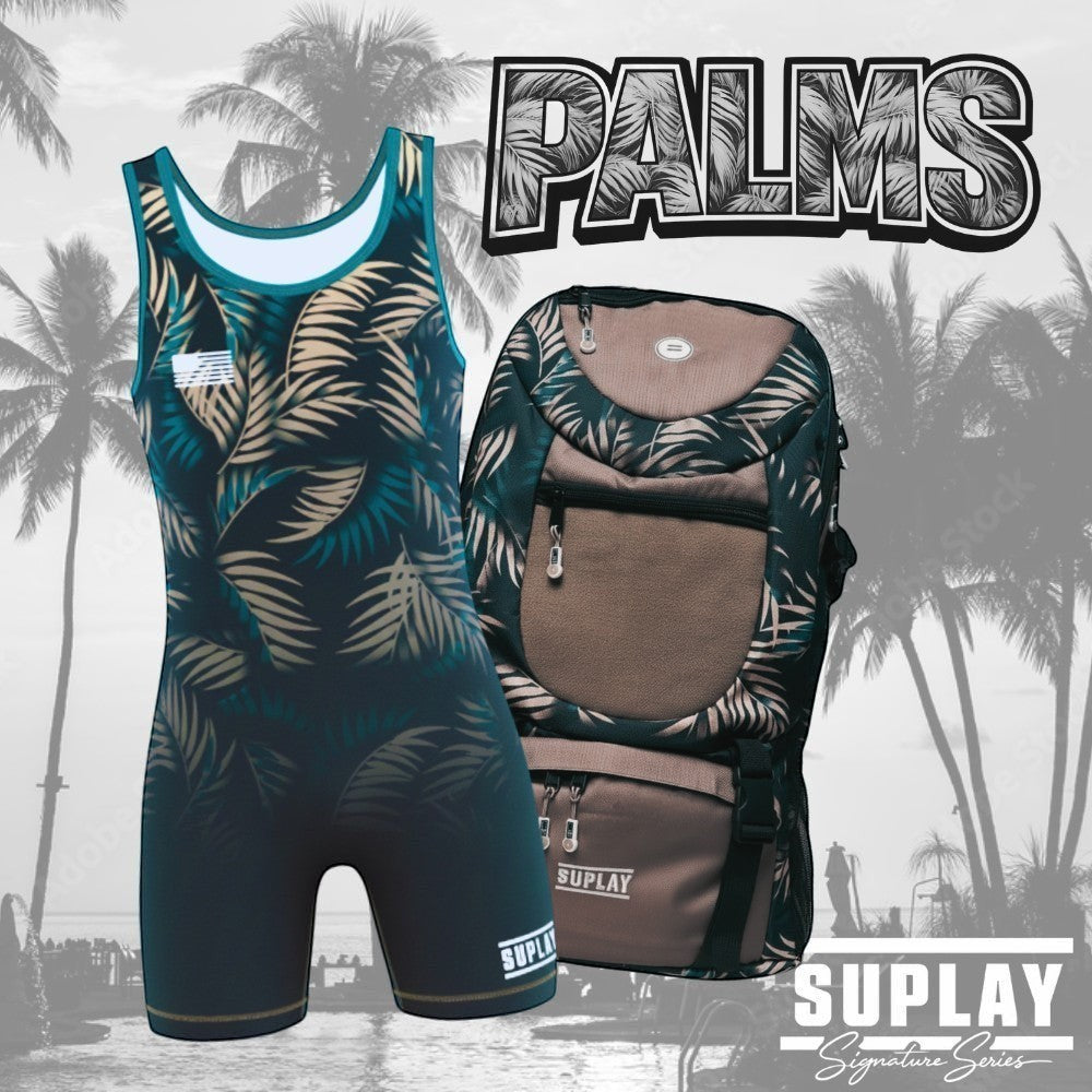 Suplay.com wrestling singlet and gear bag combo in a matching teal and tan palm leaf print for athletes.