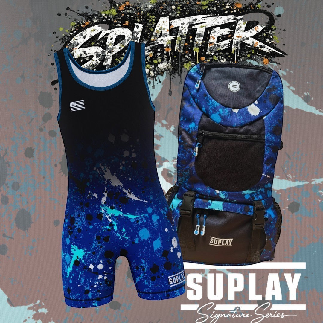 Suplay.com Signature Series wrestling singlet and matching blue splatter print gear bag combo pack.