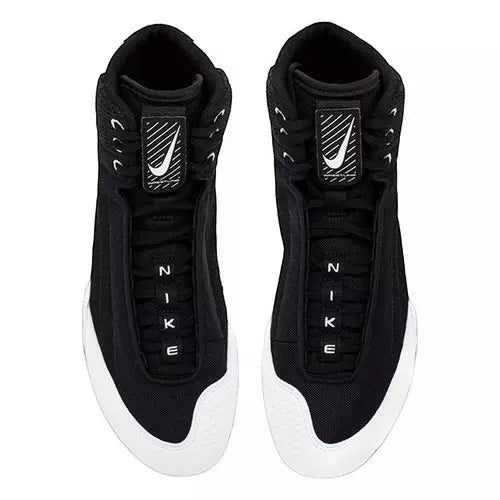 Suplay.com Nike Inflict 4 black and white high-top wrestling shoes with breathable mesh and durable rubber outsoles.