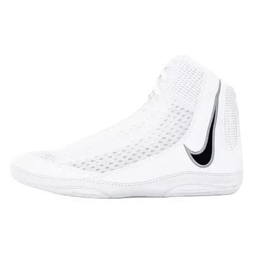 Suplay.com Nike Inflict 4 white wrestling shoes with breathable mesh upper and black swoosh logo for ankle support.