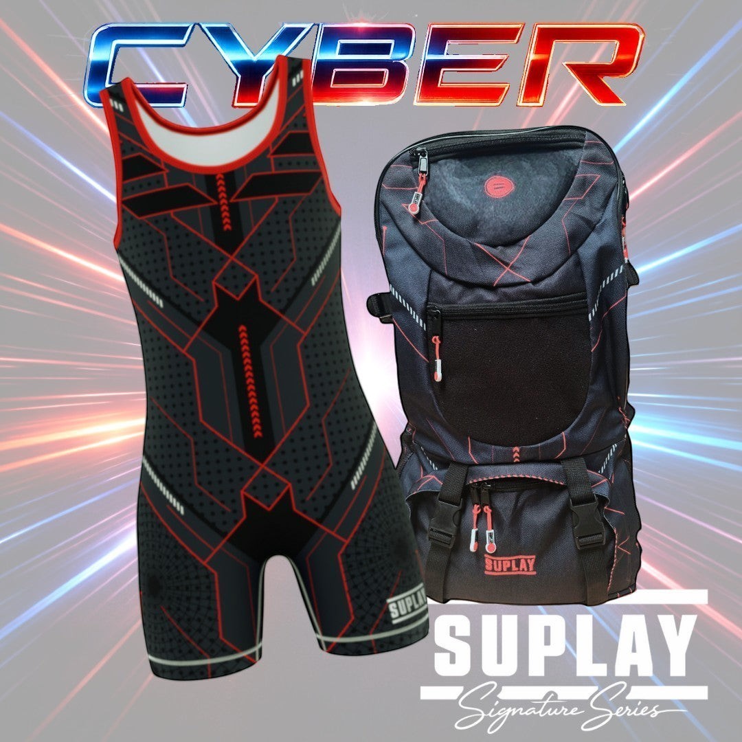 Suplay.com Signature Series wrestling singlet and matching gear bag in black and red with geometric patterns.
