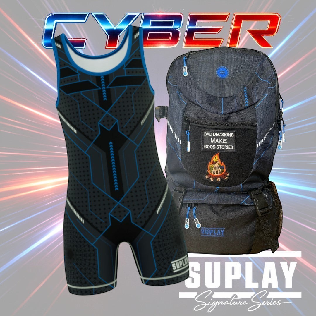 Suplay.com wrestling singlet and matching gear bag combo in black and blue with geometric patterns.