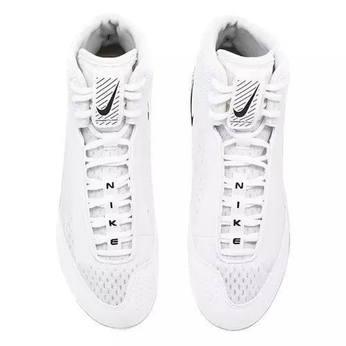 Suplay.com Nike Inflict 4 white wrestling shoes with breathable mesh upper and high-top ankle support for athletes.